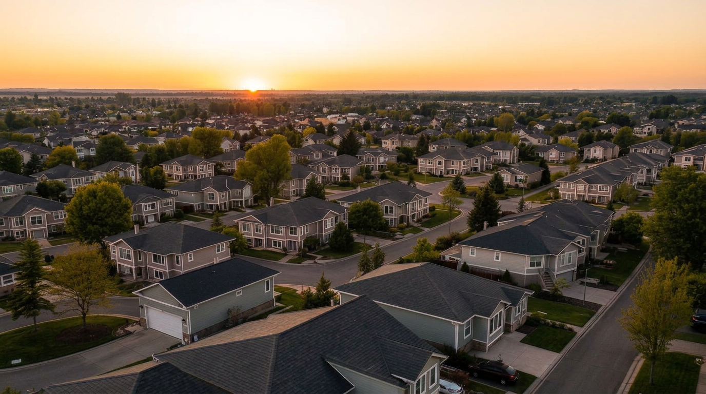 Aerial view of a residential neighborhood at golden hour